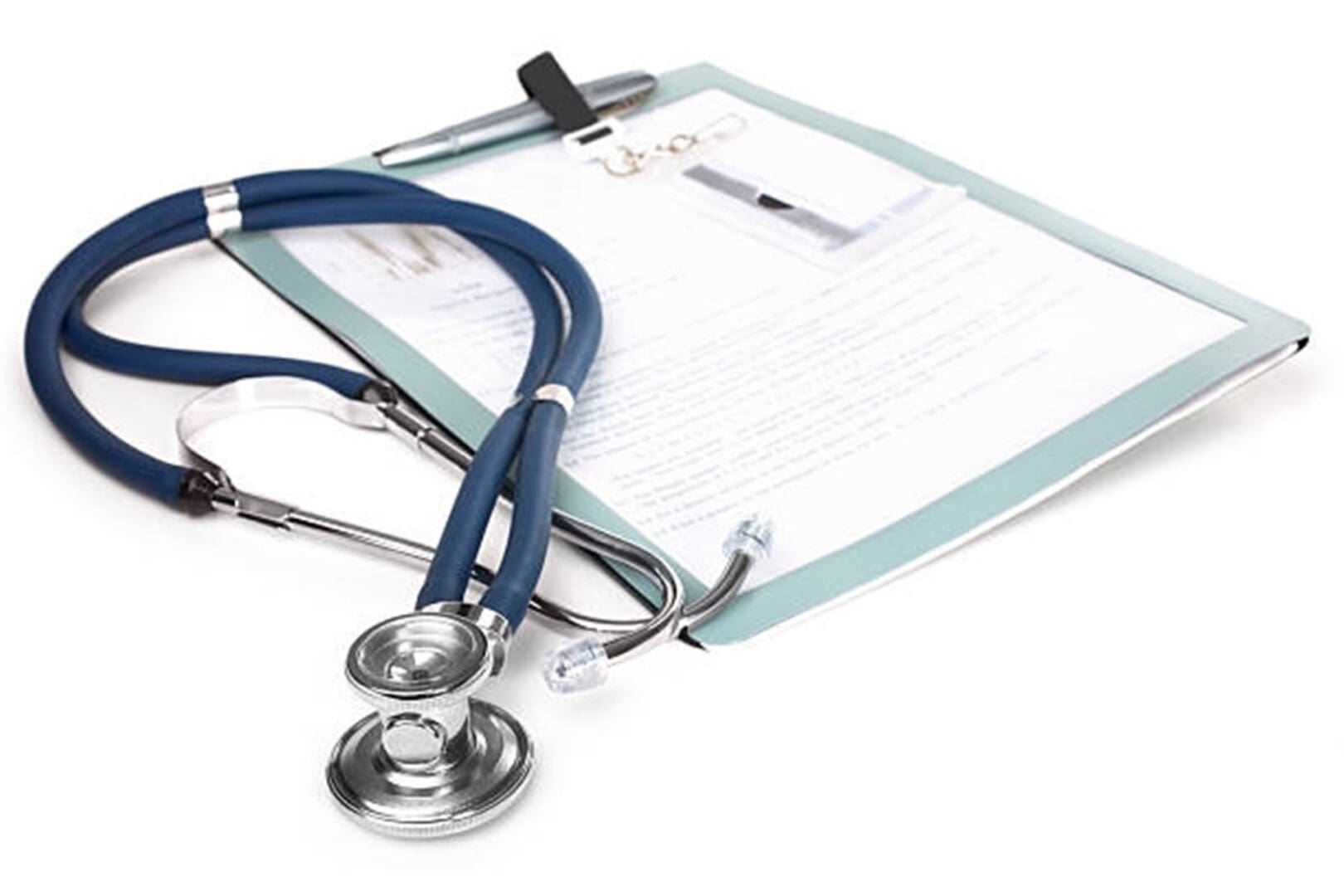 A stethoscope and clipboard on top of a table.